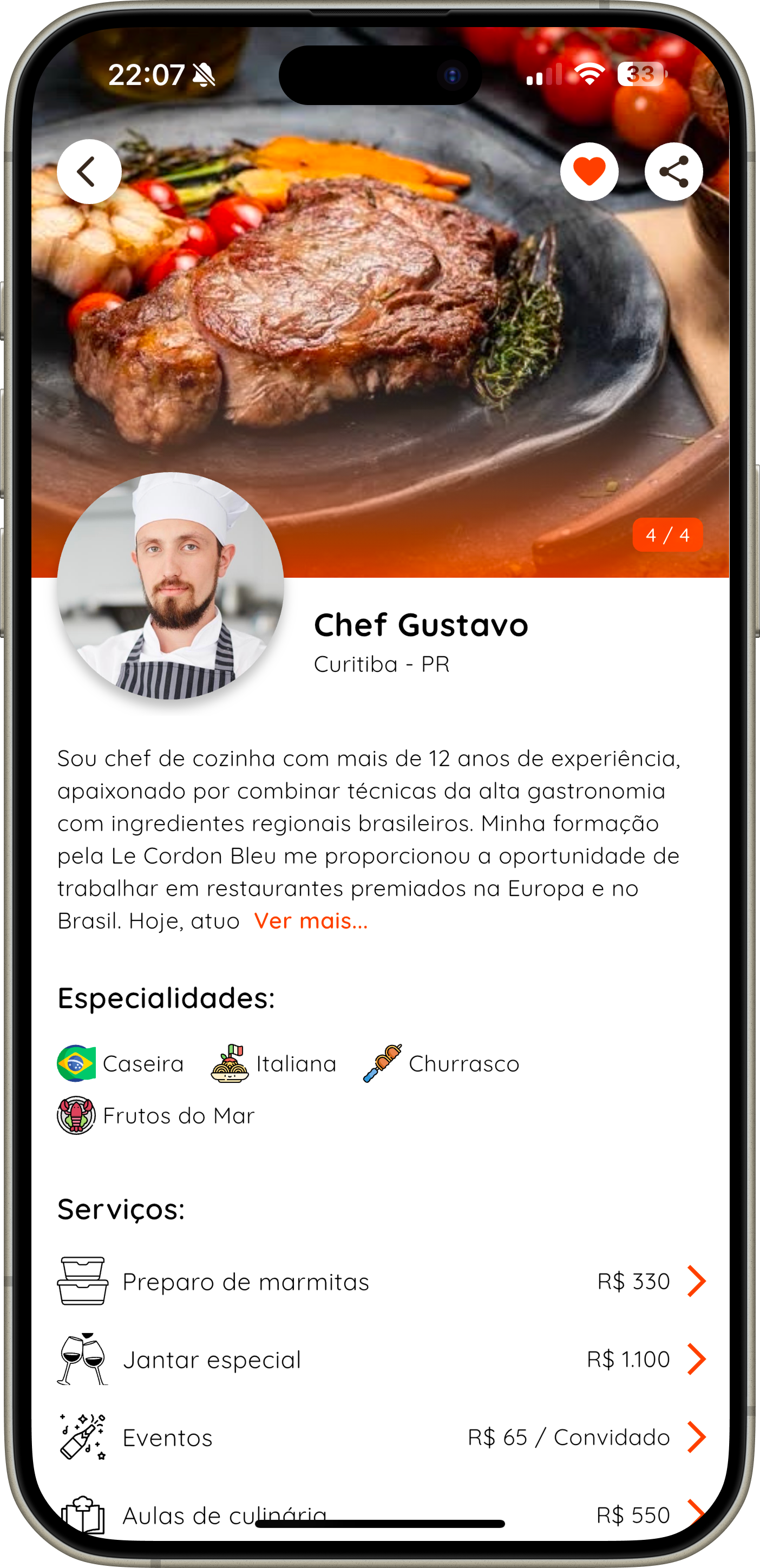 Chef dashboard in myChef app